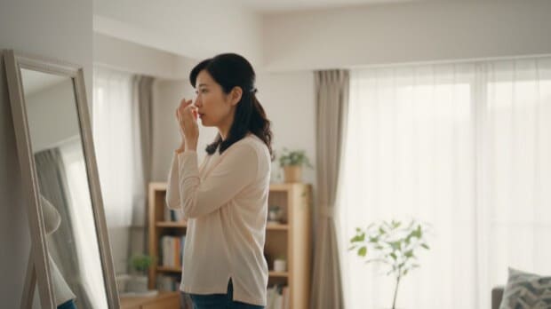 顔面痙攣になり鏡の前で、顔の痙攣を心配そうに確認する女性。 