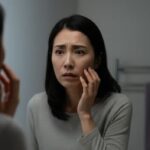 鏡を見つめ、自然に治らない顔の痙攣に悩む女性。＾